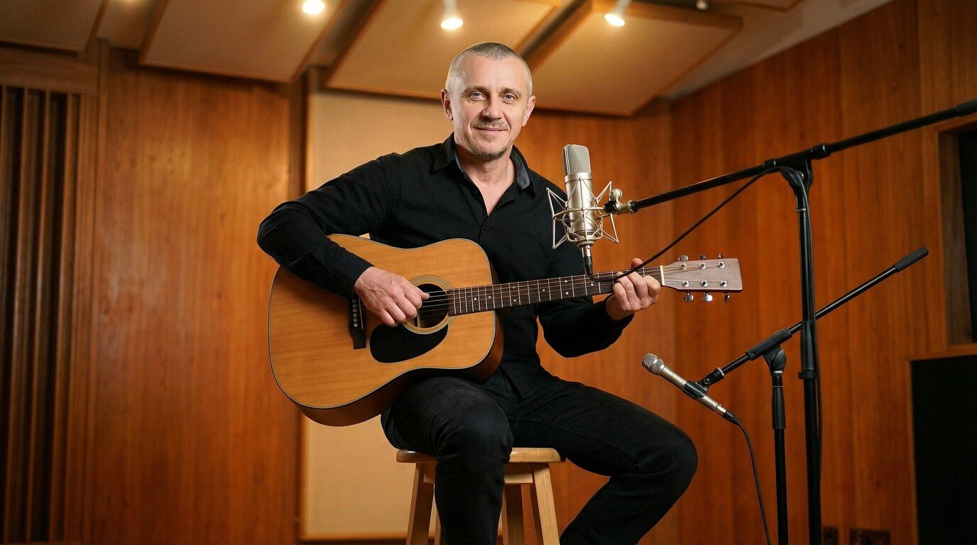 Musician playing an acoustic guitar in a warm, cozy recording studio setting.