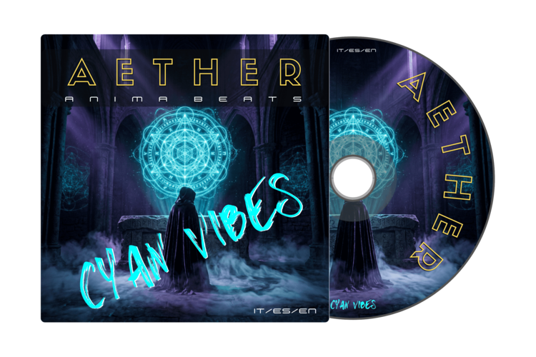 Aether: Anima Beats CD mockup design by Cyan Vibes. Mystic Enigma-style electronic music album packaging.