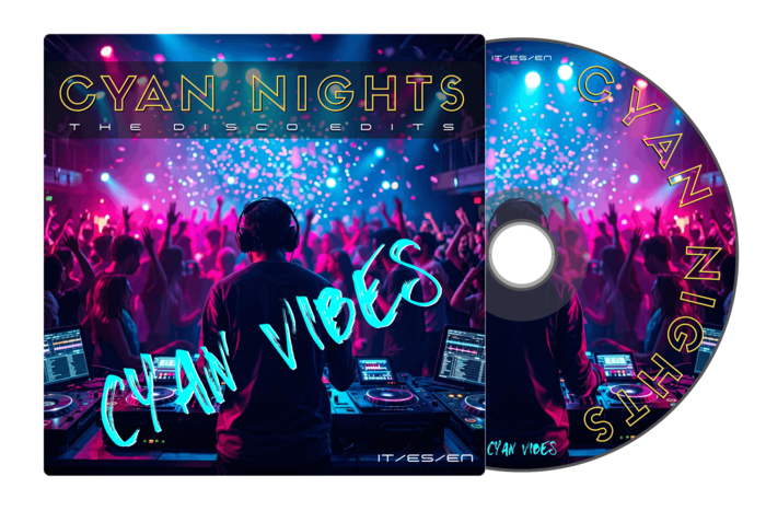 Cyan Nights: The Disco Edits CD mockup design by Cyan Vibes. Electronic dance music album packaging.