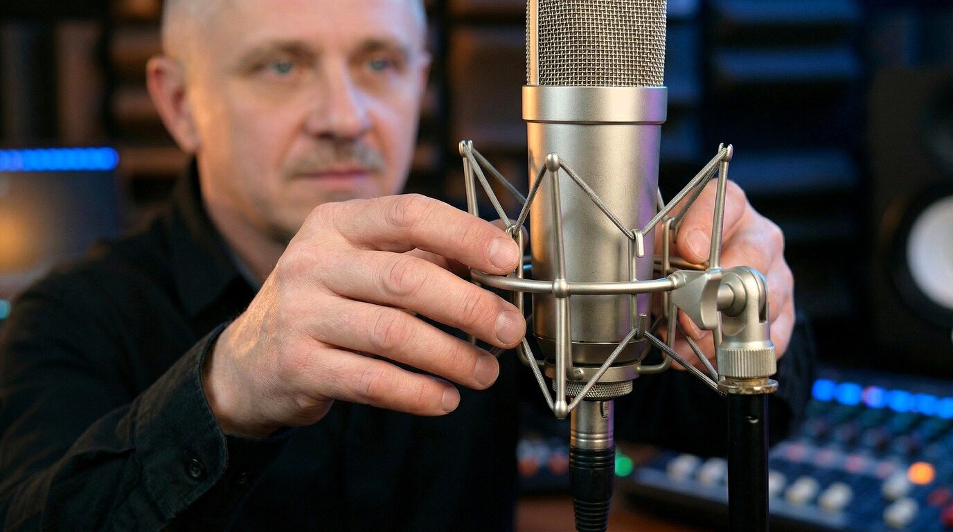 Singer recording vocals into a professional condenser microphone in a studio.
