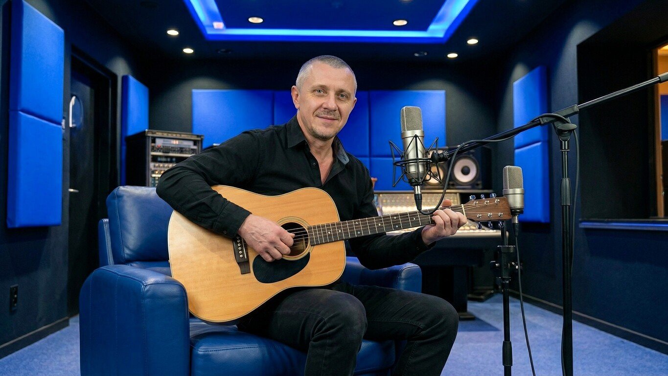 Musician playing an guitar in a warm, cozy recording studio setting
