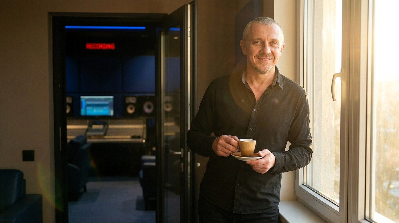 Studio professional taking a coffee break near a bright window.