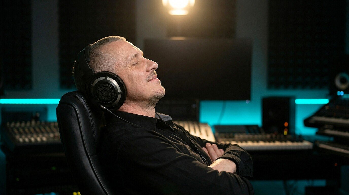 Music producer wearing headphones relaxing and listening to a track.
