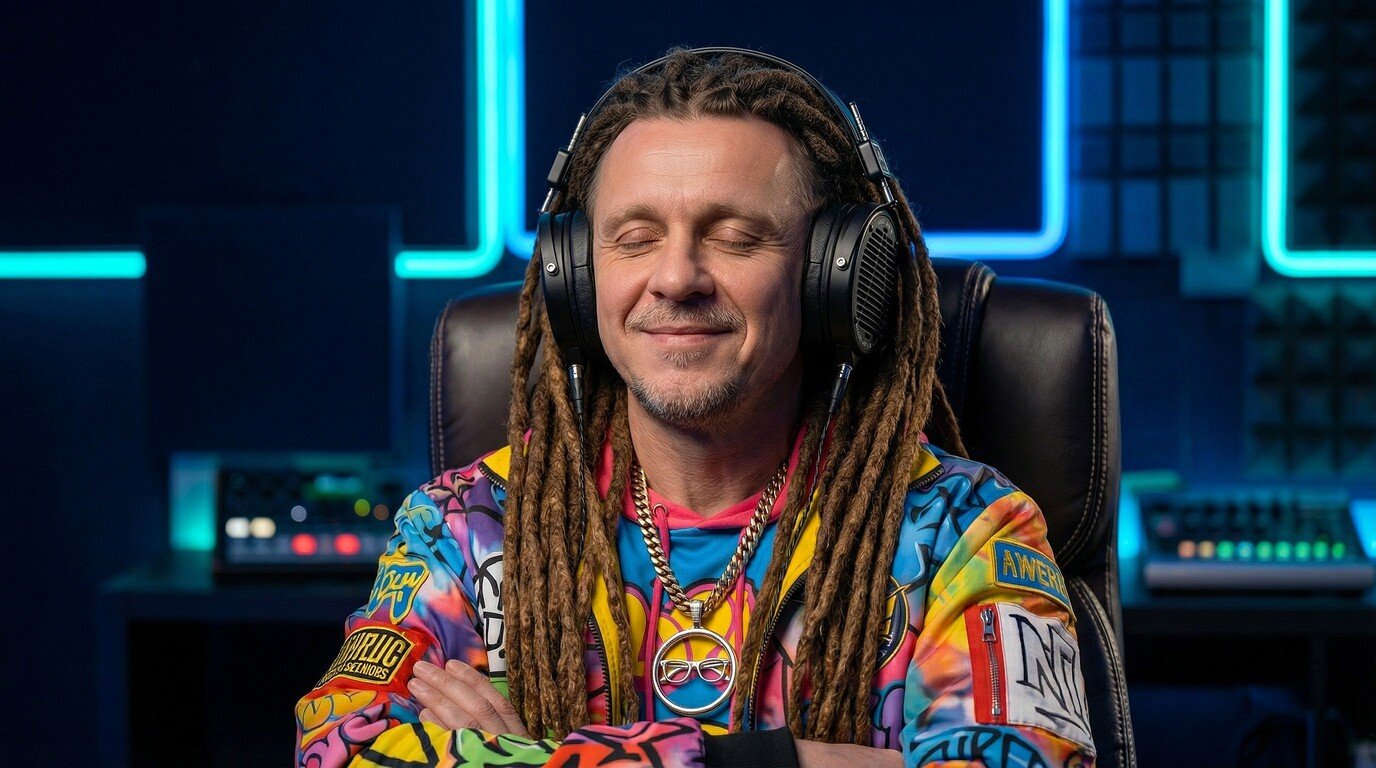 Artist with dreadlocks listening intently to a music mix with eyes closed.