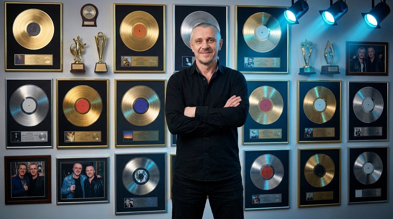 Portrait of a successful music producer standing proudly in front of gold record awards.