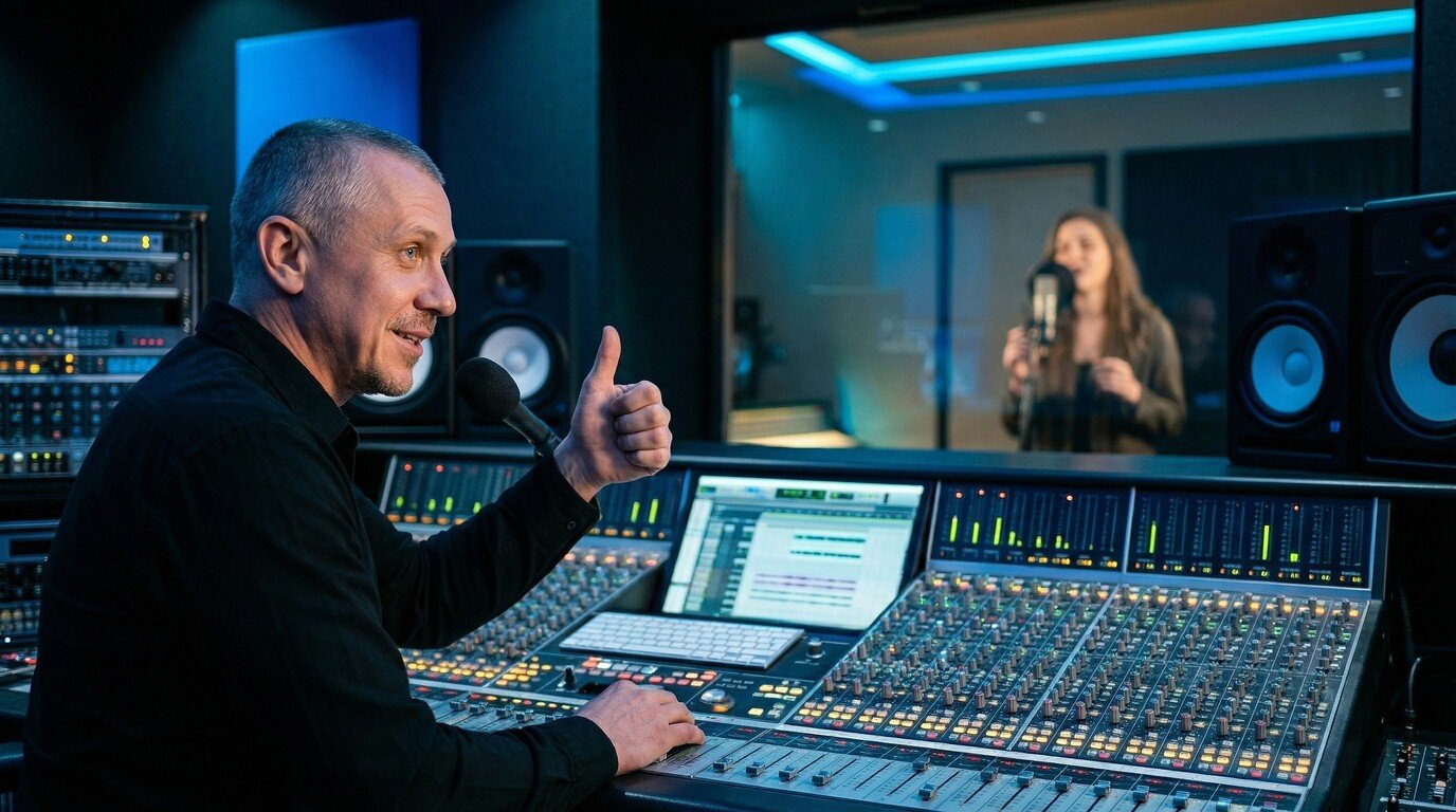 Music producer giving a thumbs up from the recording studio control room.