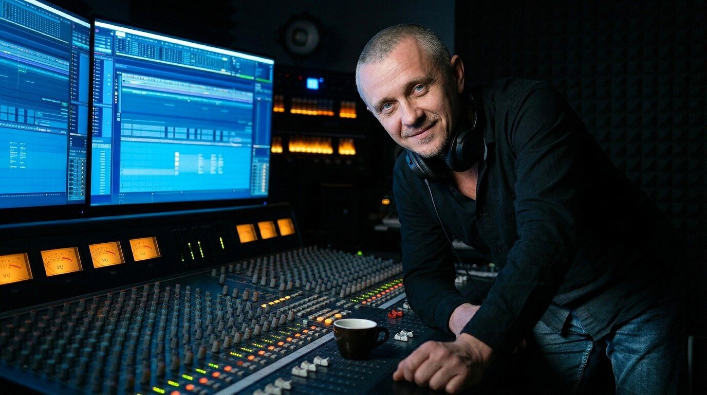 Music producer holding a coffee cup while standing by a studio mixing board.