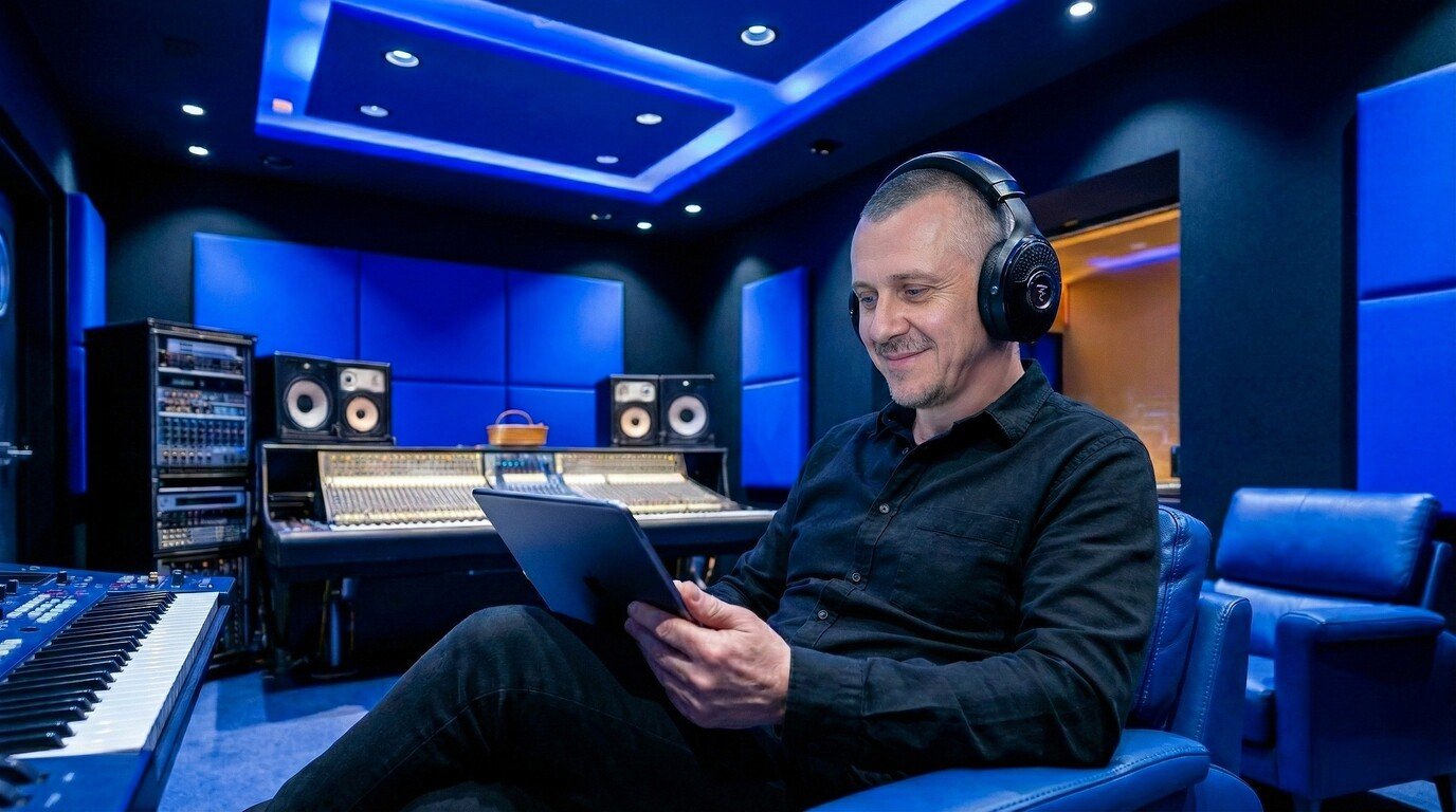 Audio engineer reviewing music notes on a digital tablet in a blue studio.