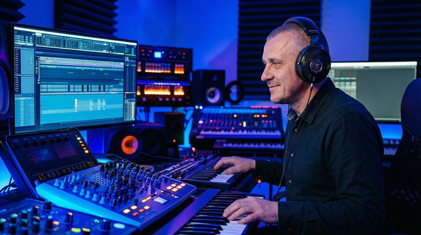 Musician producing electronic music on a keyboard for Cyan Vibes.