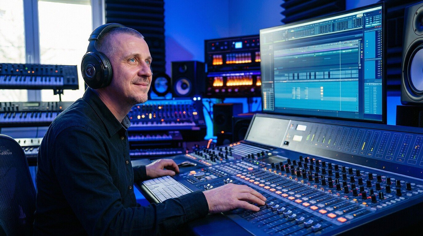 Music producer smiling while working on a new track at the studio console.