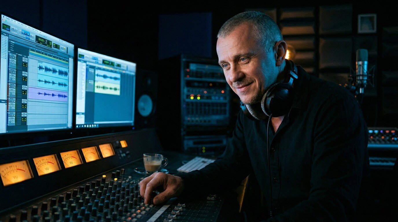 Sound engineer producing electronic music using digital audio software.