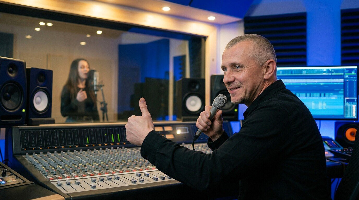 Music producer giving a thumbs up while working at the mixing desk.