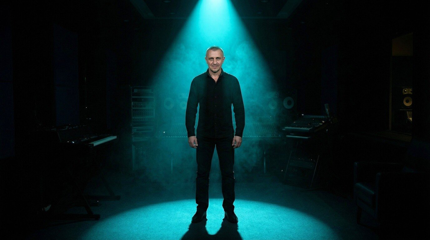 Artist standing under a cyan spotlight on a dark stage for Cyan Vibes.