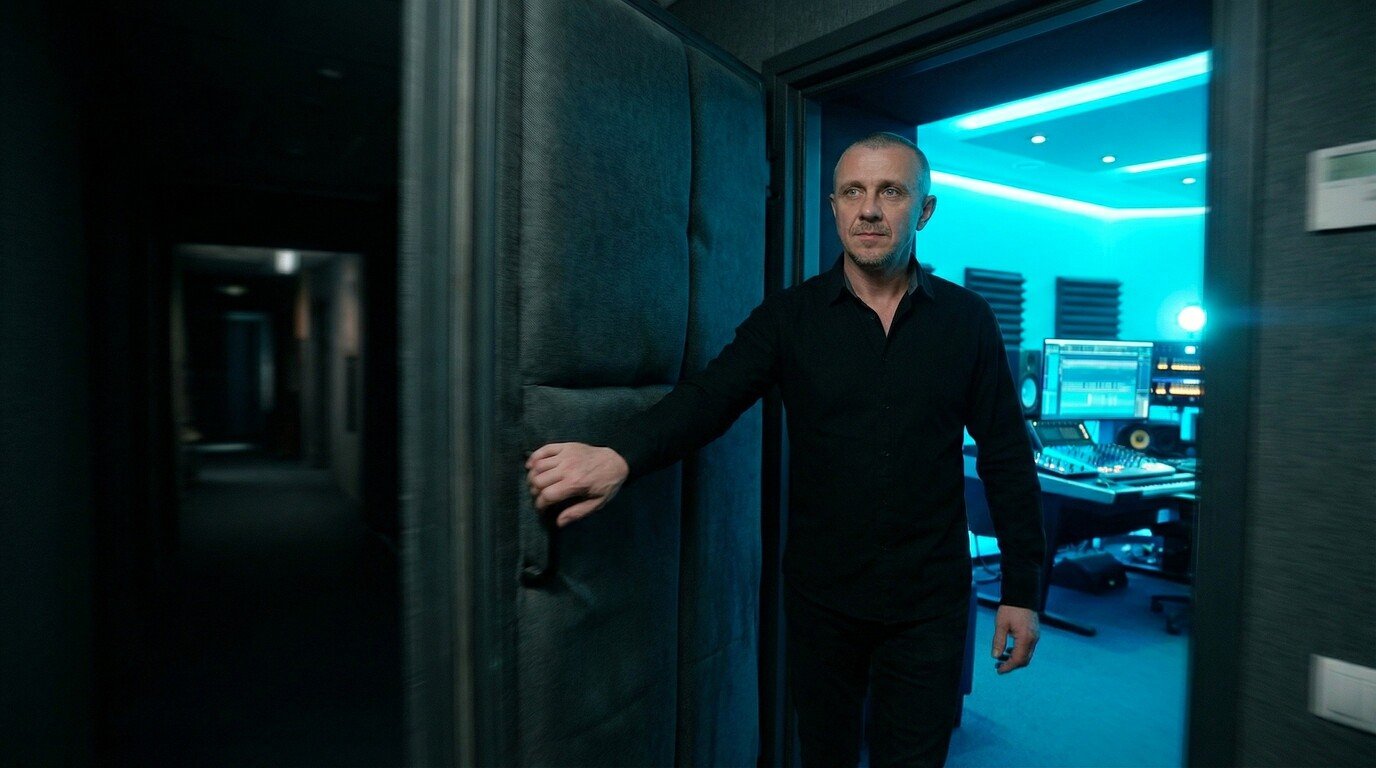 Music producer walking through a dark soundproof studio doorway.