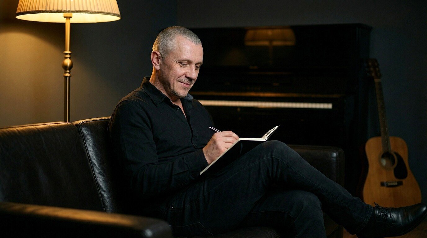 Music producer writing lyrics in a notebook while sitting in a dark studio