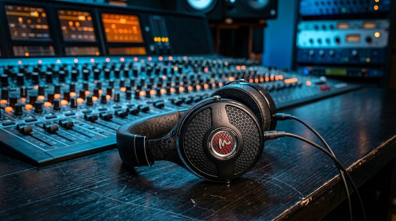 Professional studio headphones resting on a large audio mixing console.