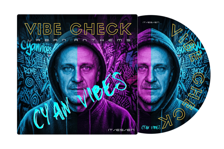 Vibe Check: Urban Anthems CD mockup design by Cyan Vibes. Urban rap and pop music album packaging.