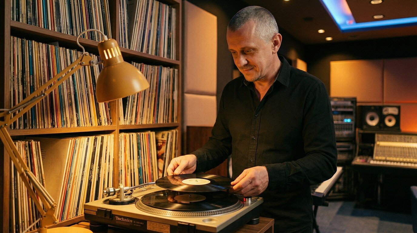 Music producer browsing a vinyl record collection in a cozy studio room.